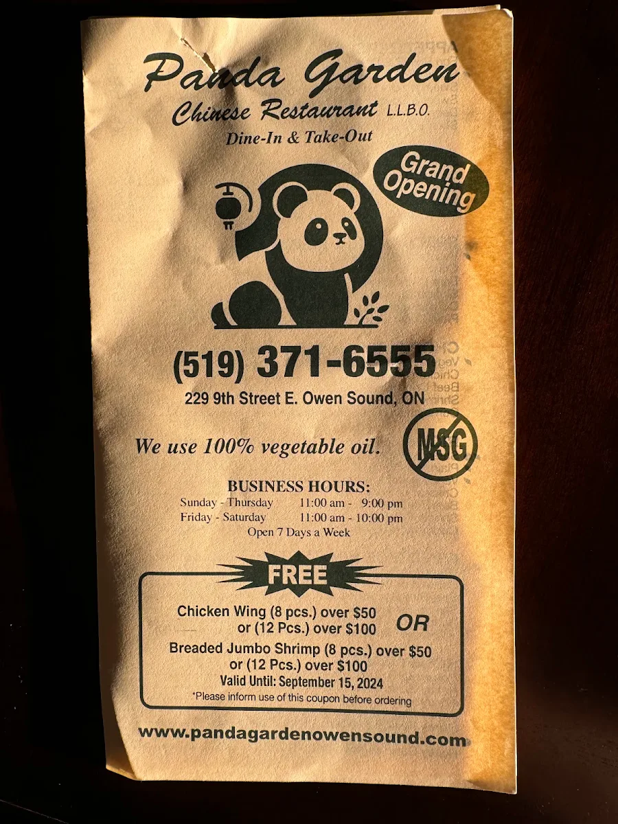 Menu, Panda Garden Owen Sound