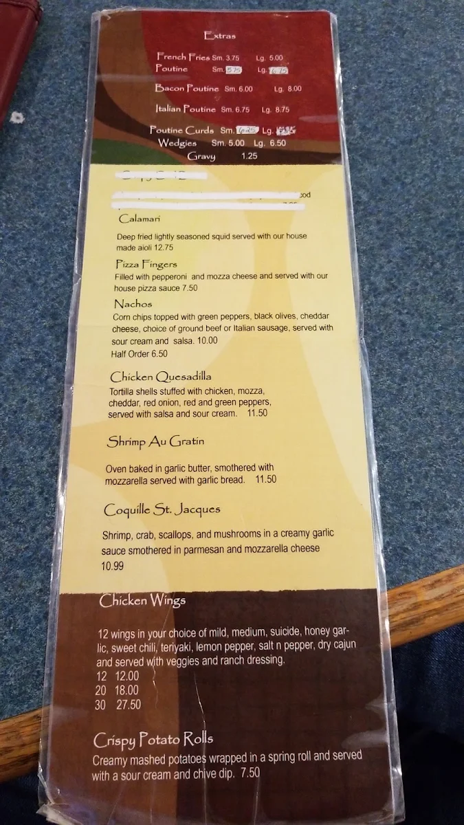 Menu, Longlac Pizzeria