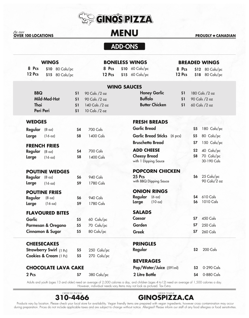 Menu, Gino's Pizza & Wing Machine