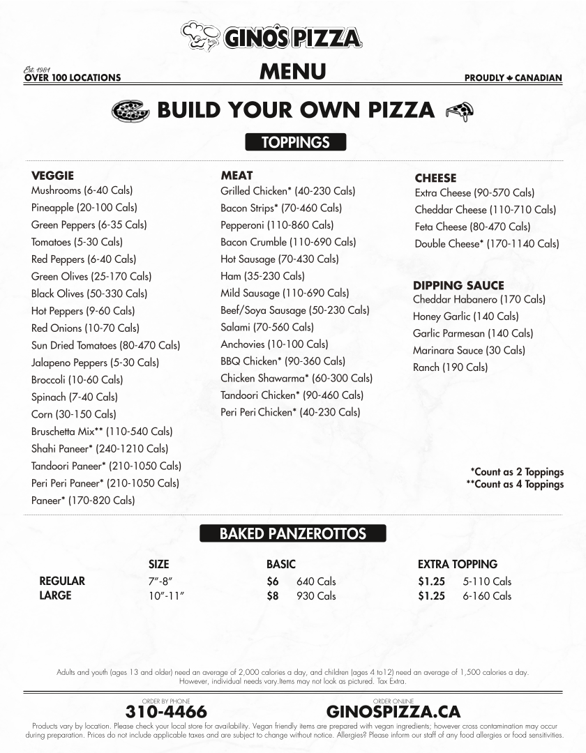 Menu, Gino's Pizza & Wing Machine