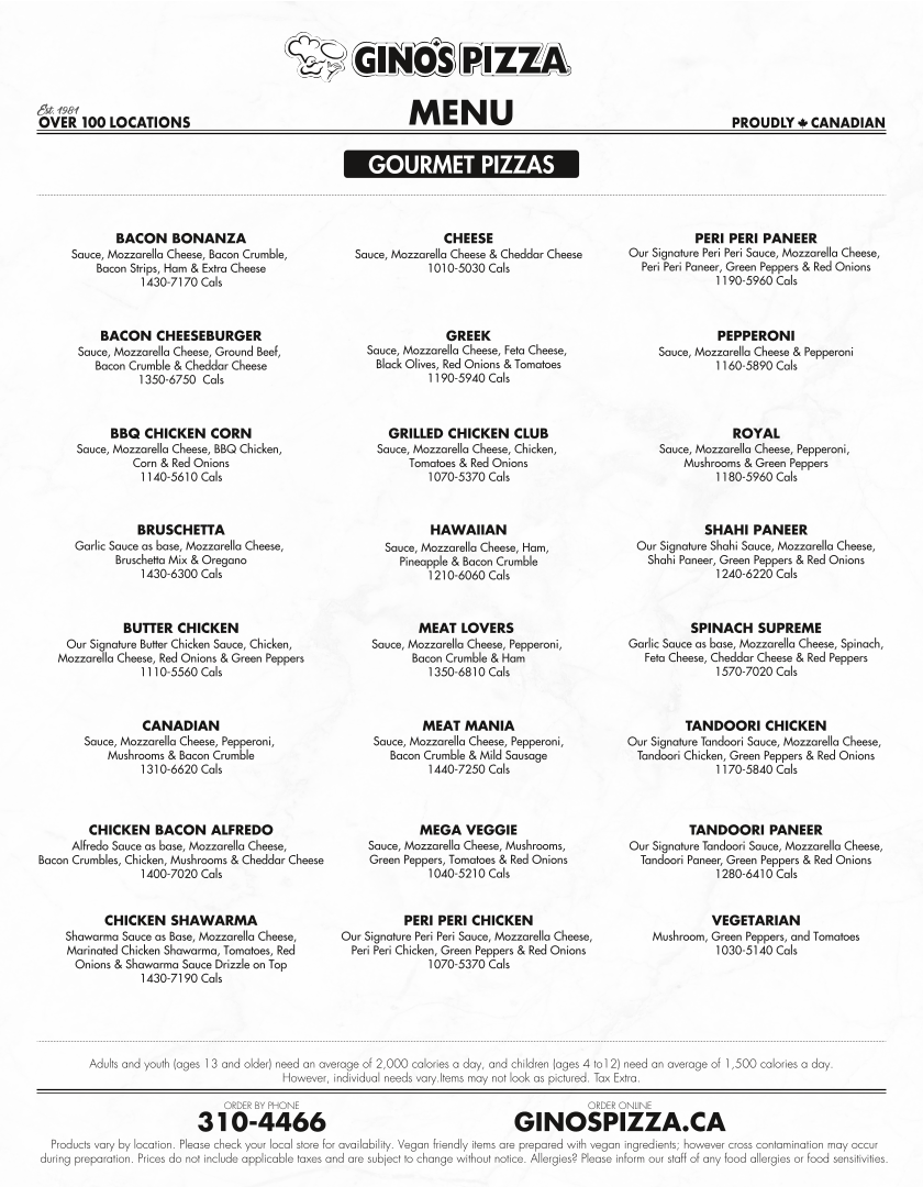 Menu, Gino's Pizza & Wing Machine