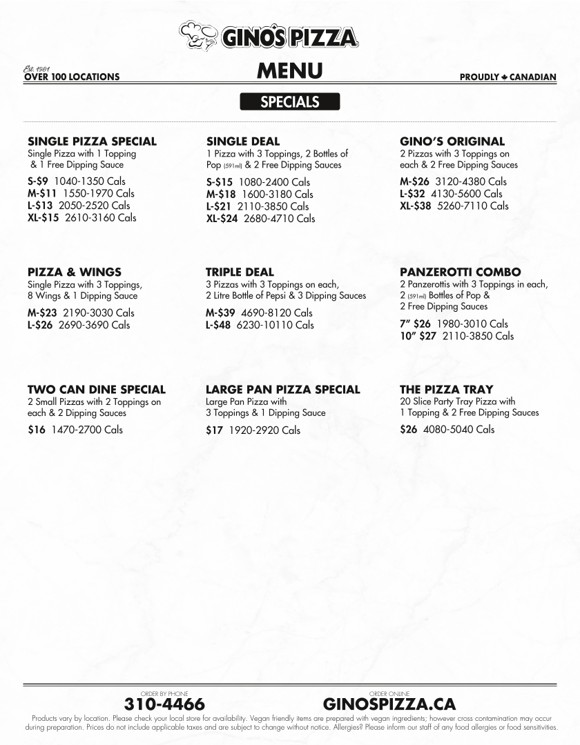 Menu, Gino's Pizza & Wing Machine