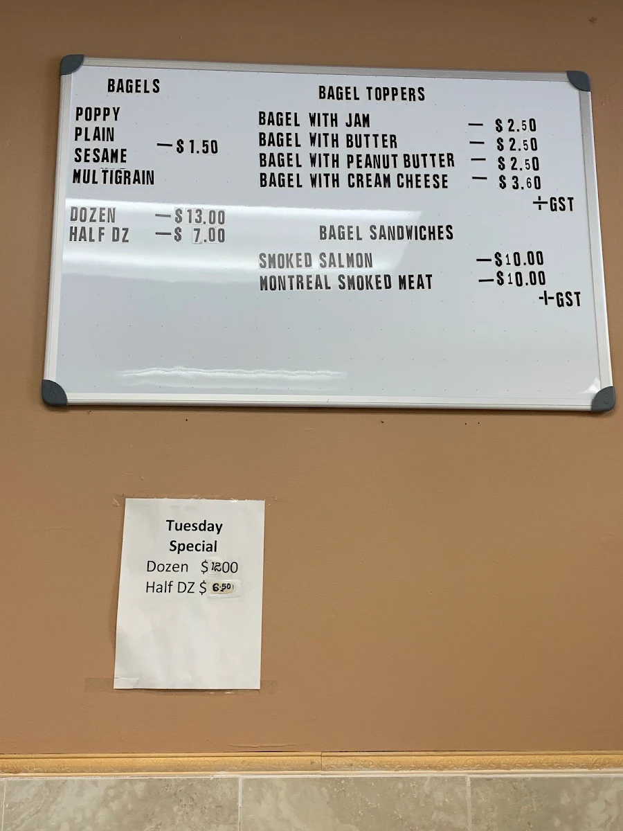 Menu, Montreal Bagels