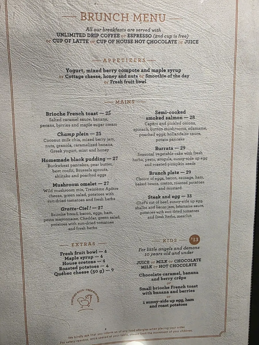 Menu, Ciel! Bistro-bar
