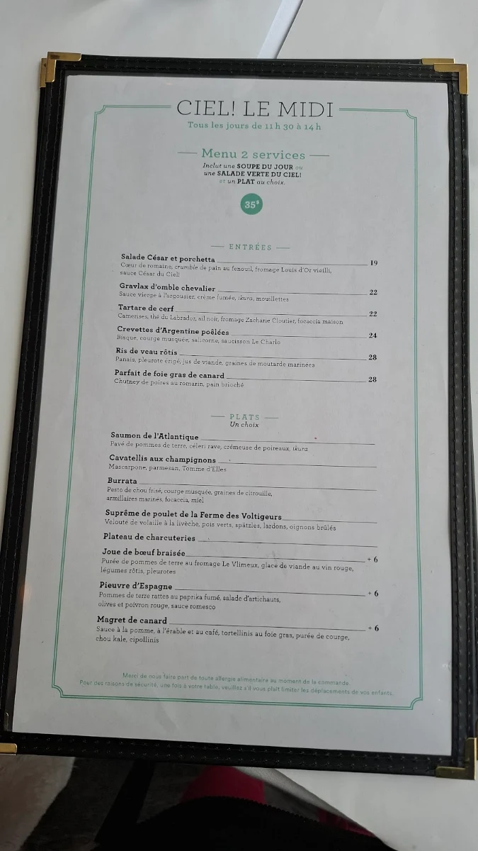 Menu, Ciel! Bistro-bar