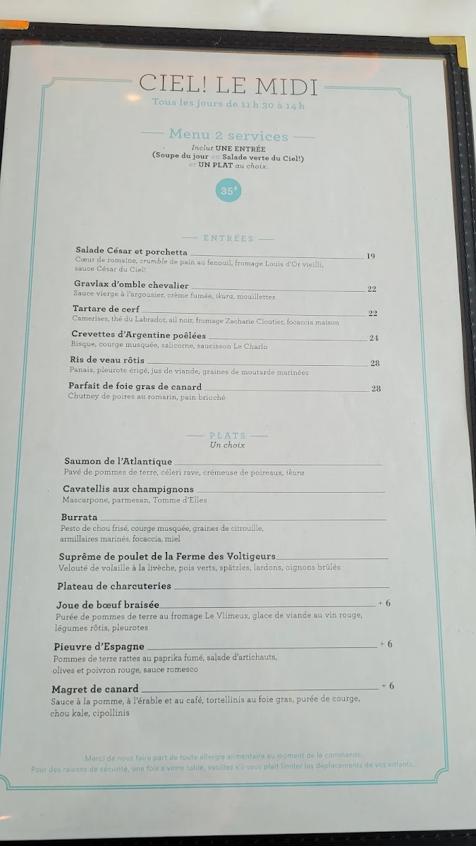 Menu, Ciel! Bistro-bar