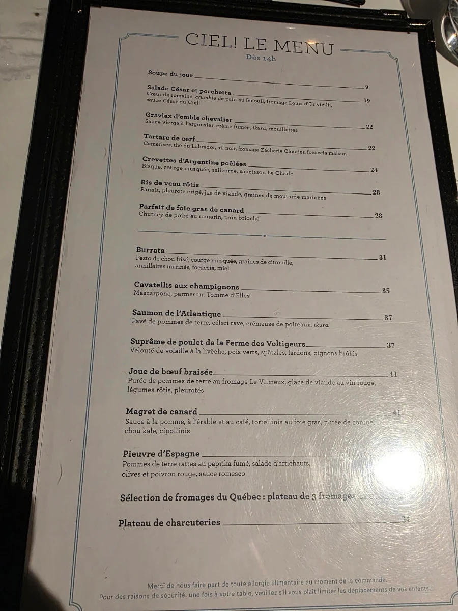 Menu, Ciel! Bistro-bar