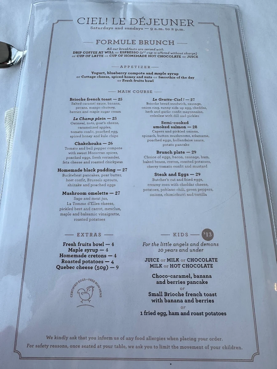 Menu, Ciel! Bistro-bar