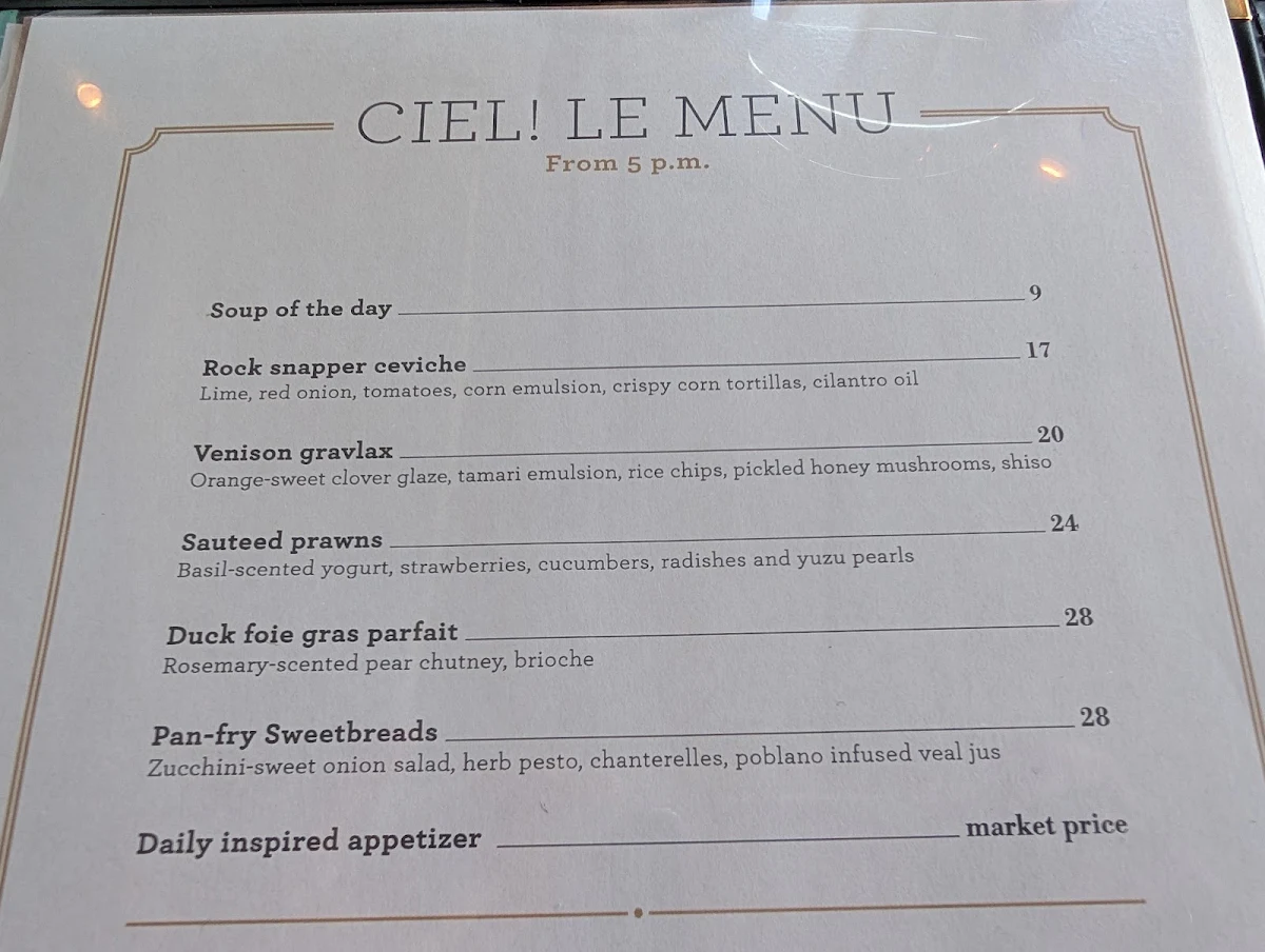 Menu, Ciel! Bistro-bar