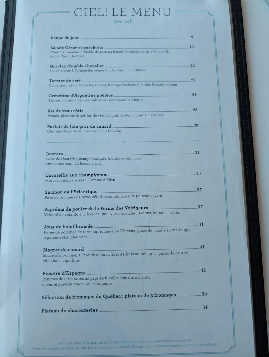 Menu, Ciel! Bistro-bar