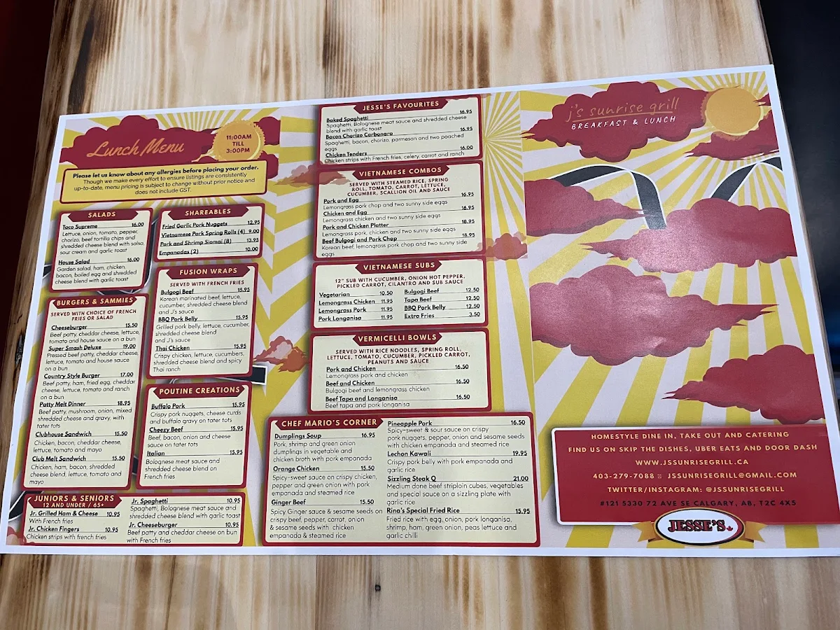 Menu, J’s sunrise grill breakfast and lunch