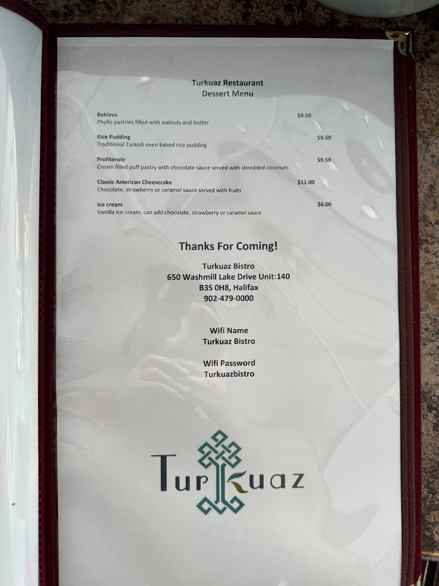 Menu, Turkuaz Bistro