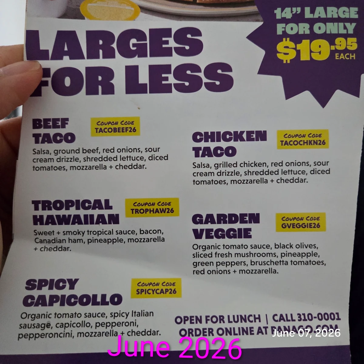 Menu, Panago Pizza