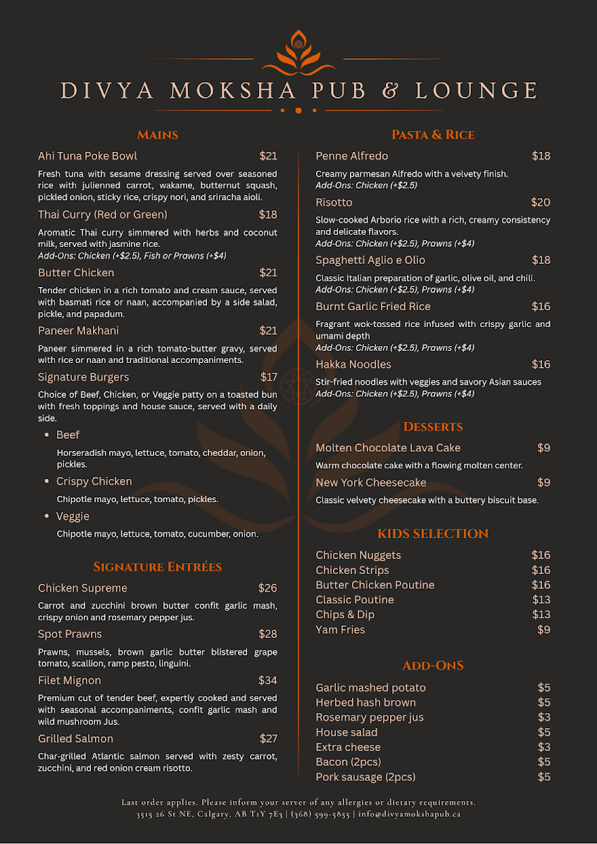 Menu, Divya Moksha Pub & Lounge
