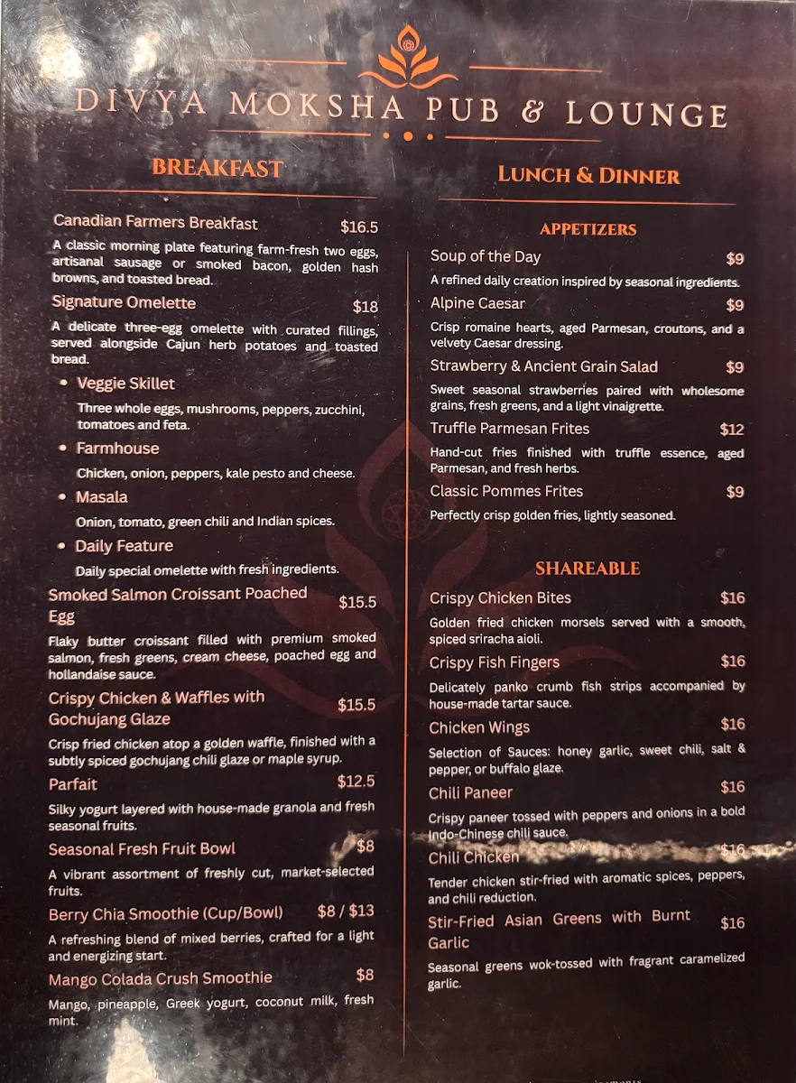 Menu, Divya Moksha Pub & Lounge