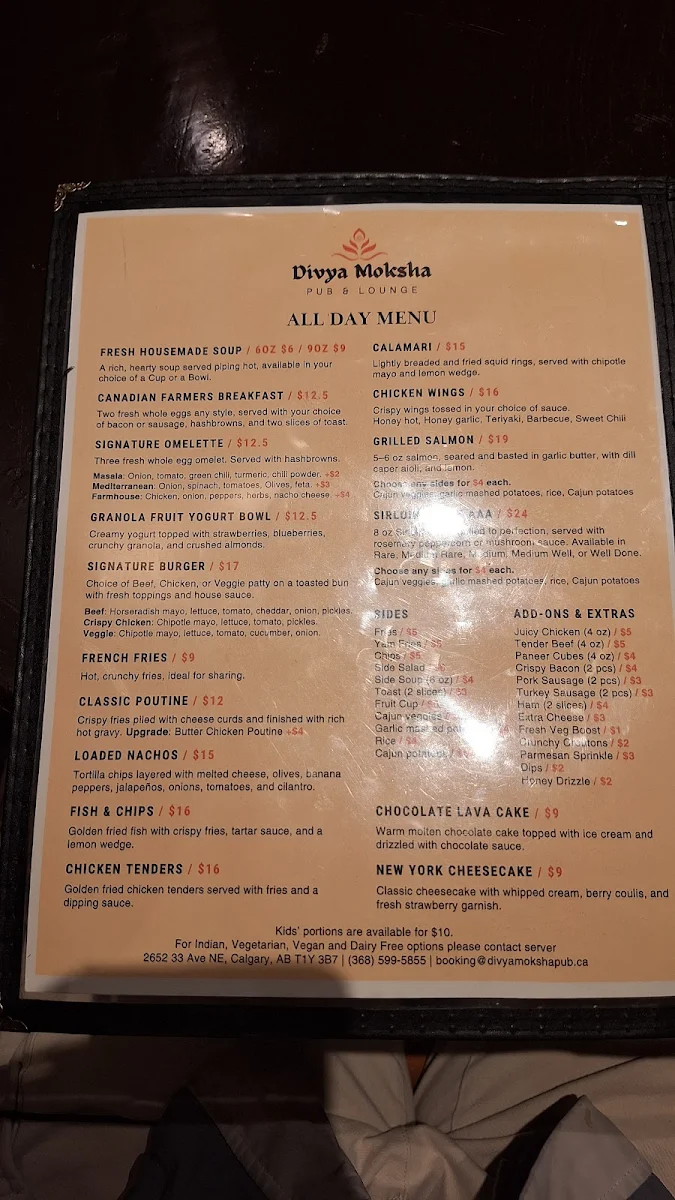 Menu, Divya Moksha Pub & Lounge