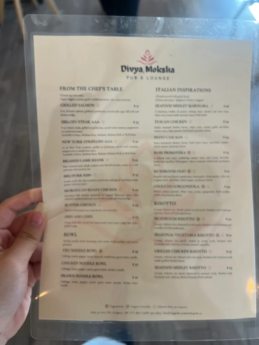 Menu, Divya Moksha Pub & Lounge