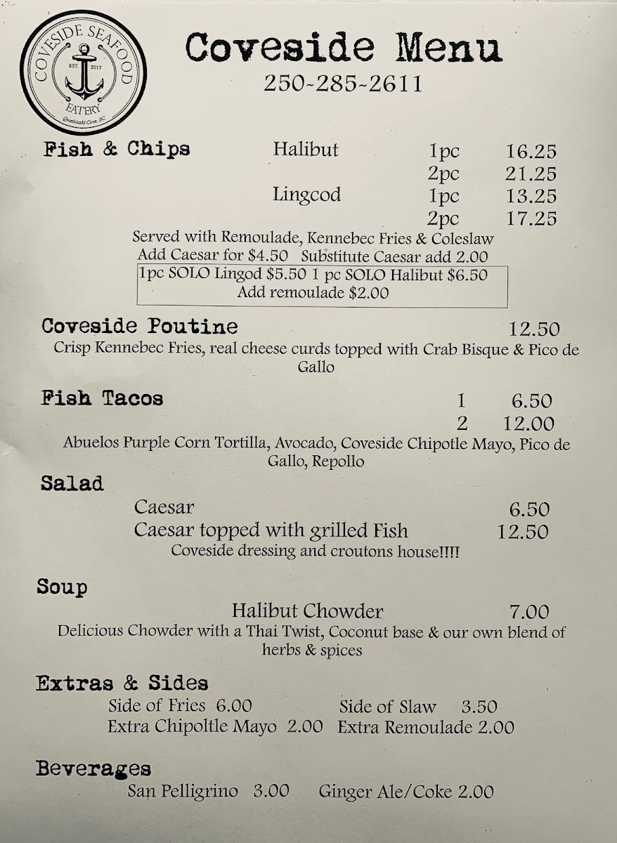 Menu, Coveside Seafood Eatery