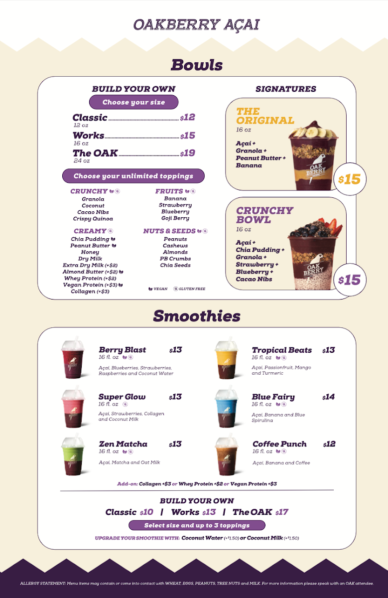 Menu, OAKBERRY Açaí Bowls & Smoothies