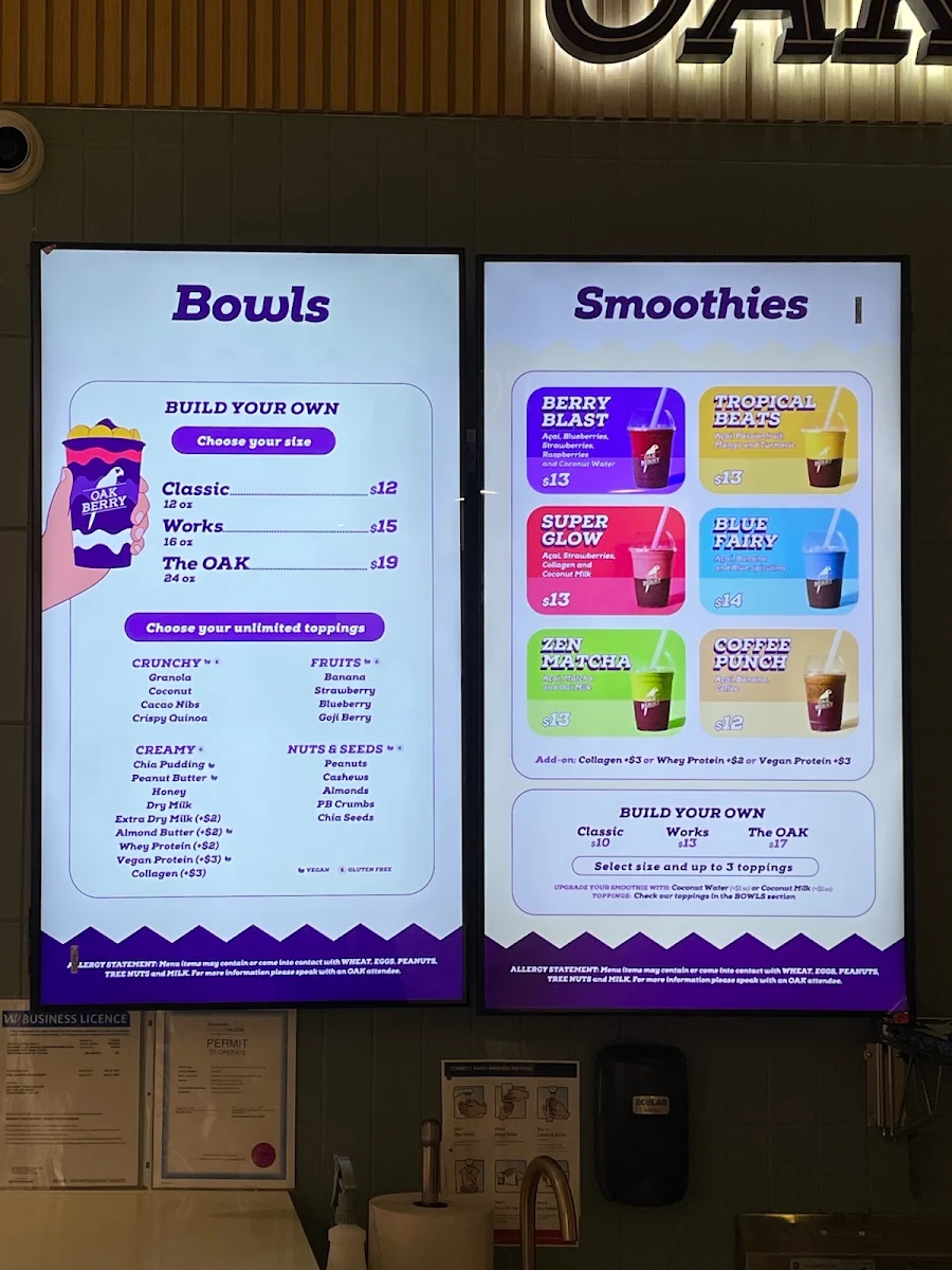 Menu, OAKBERRY Açaí Bowls & Smoothies