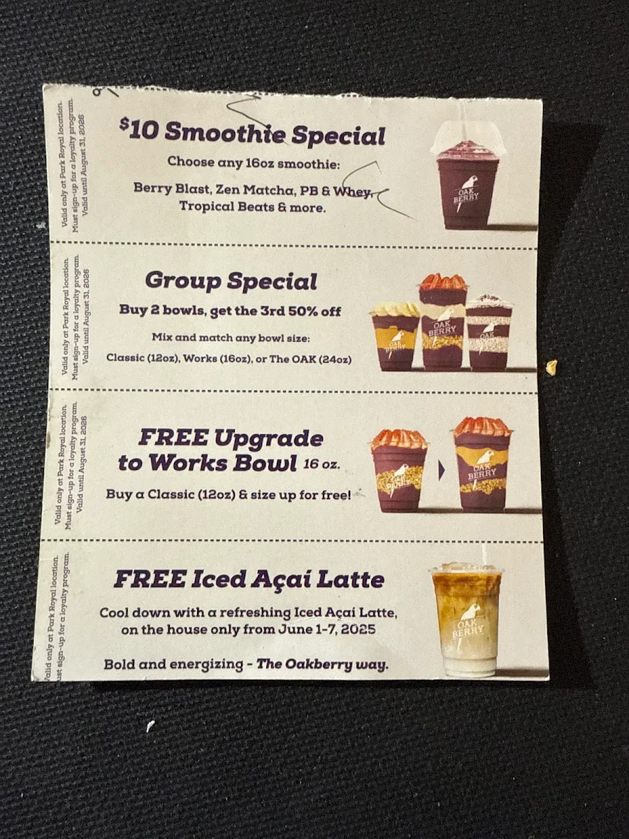 Menu, OAKBERRY Açaí Bowls & Smoothies