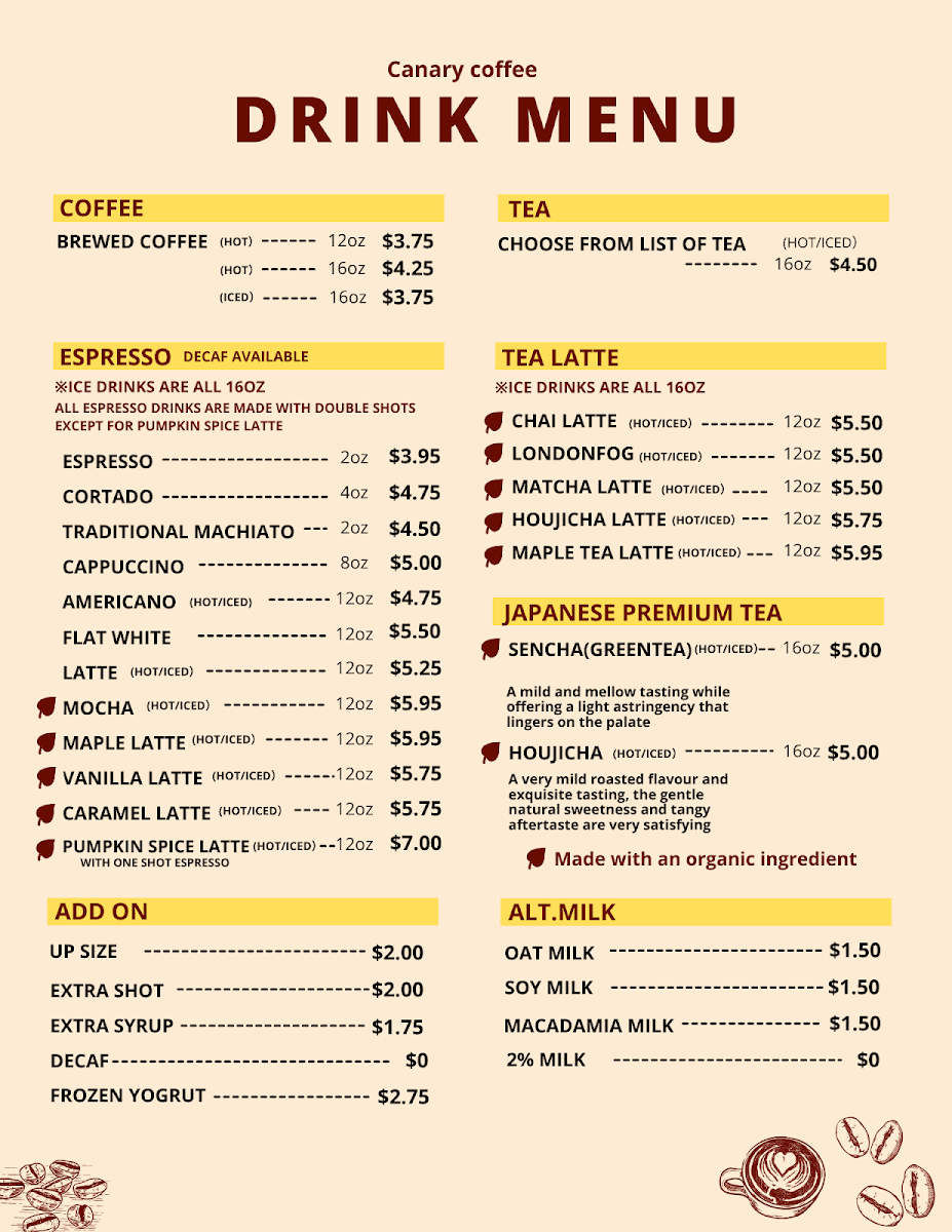 Menu, Canary Coffee