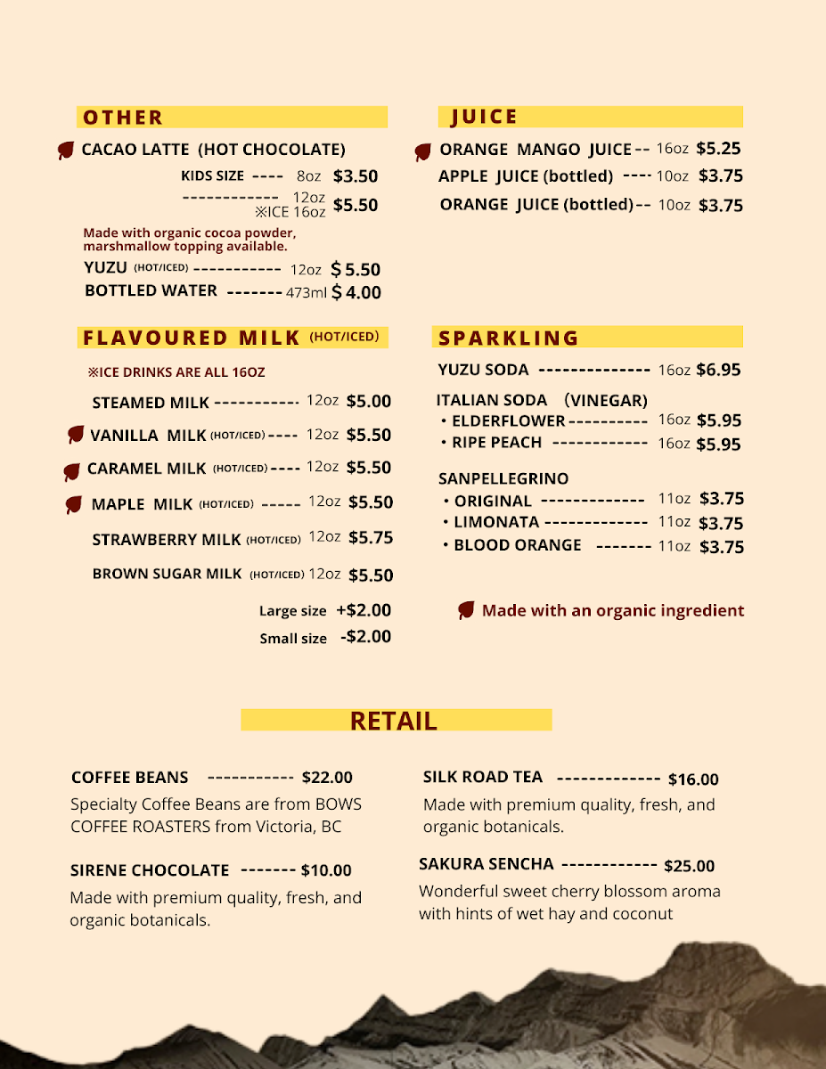 Menu, Canary Coffee