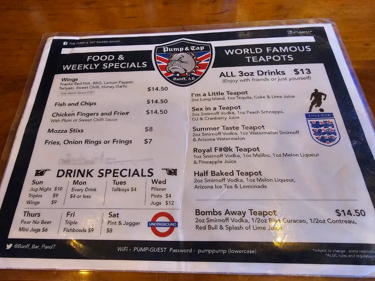 Menu, Pump & Tap Tavern