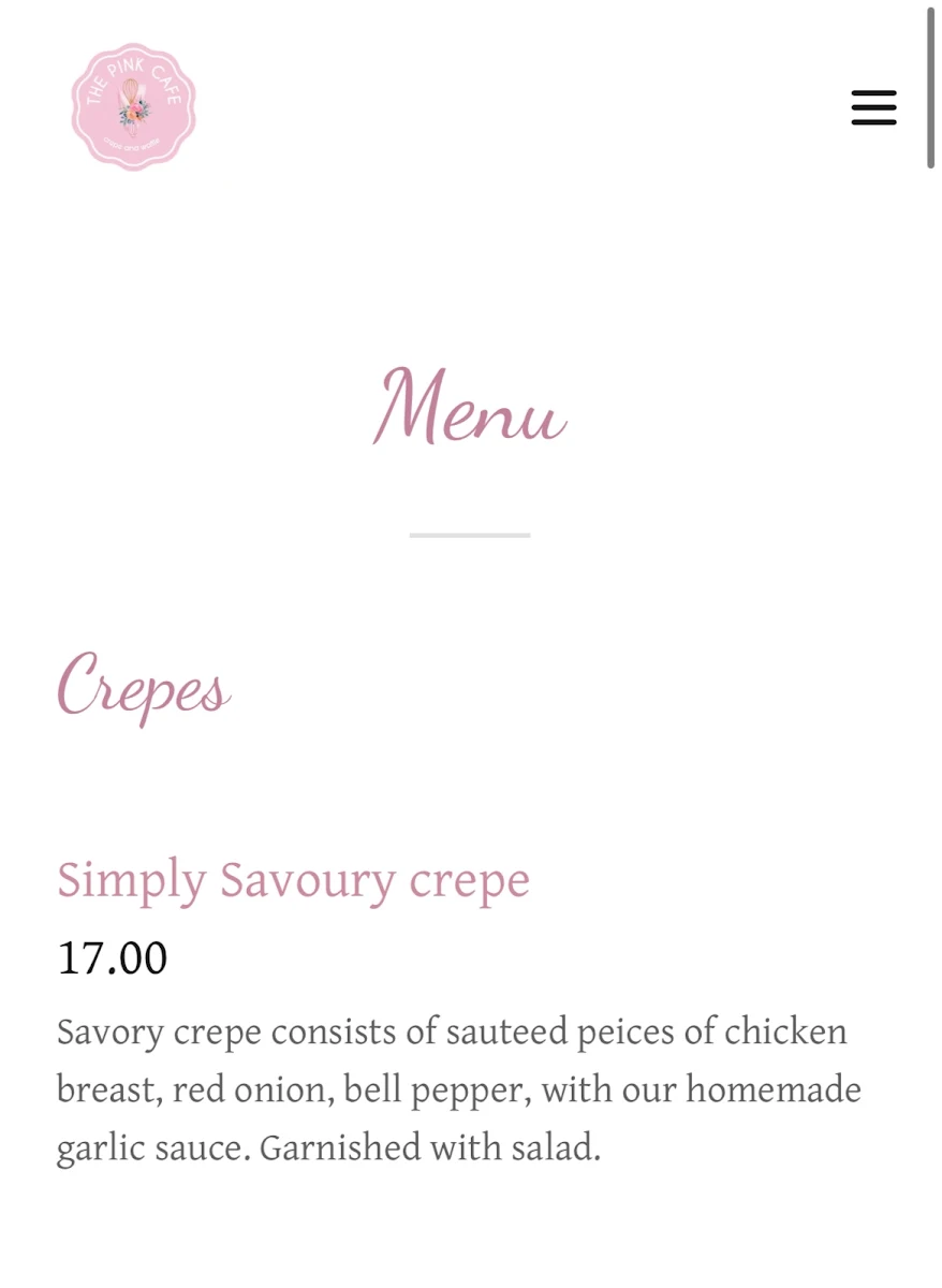 Menu, The Pink Cafe