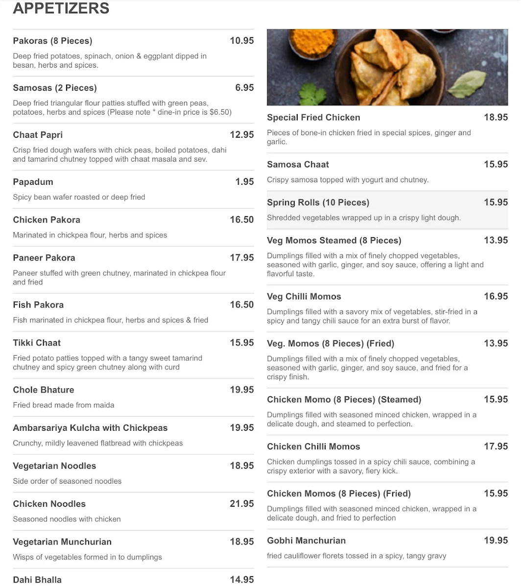 Menu, India House Restaurant
