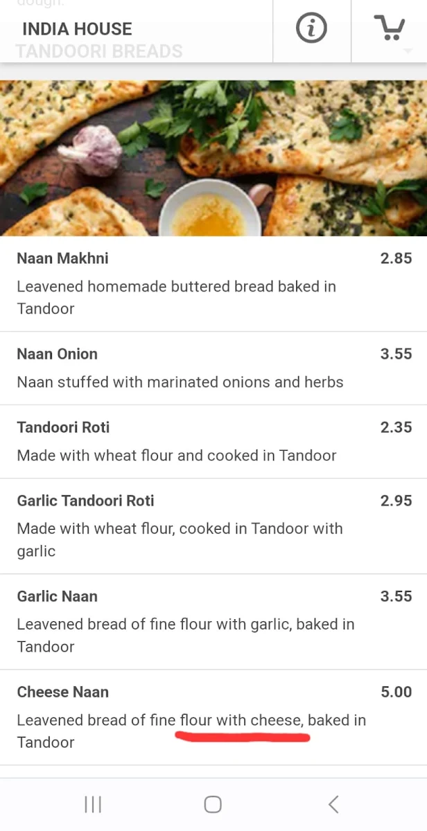 Menu, India House Restaurant