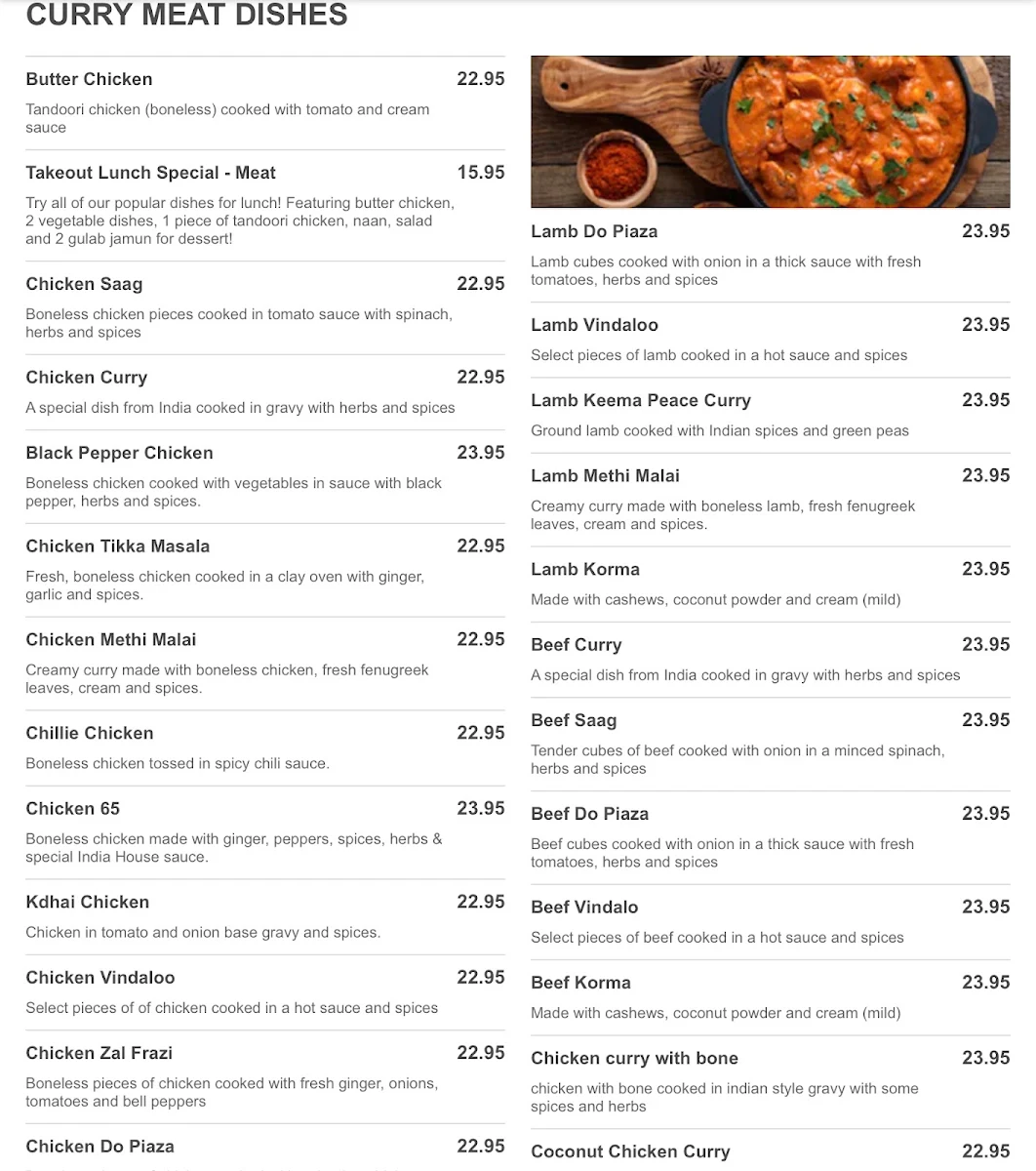 Menu, India House Restaurant