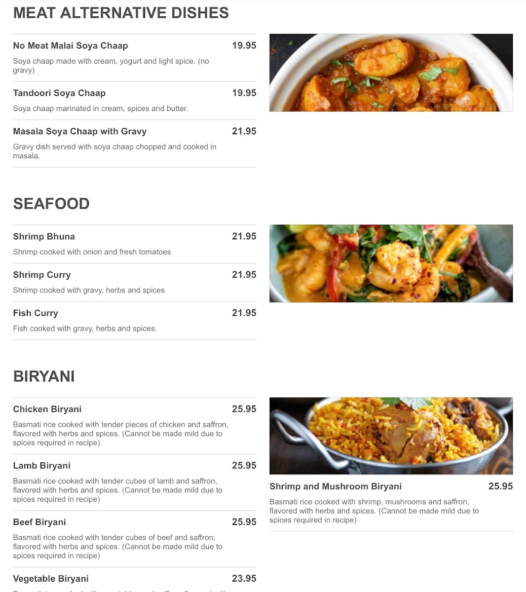 Menu, India House Restaurant