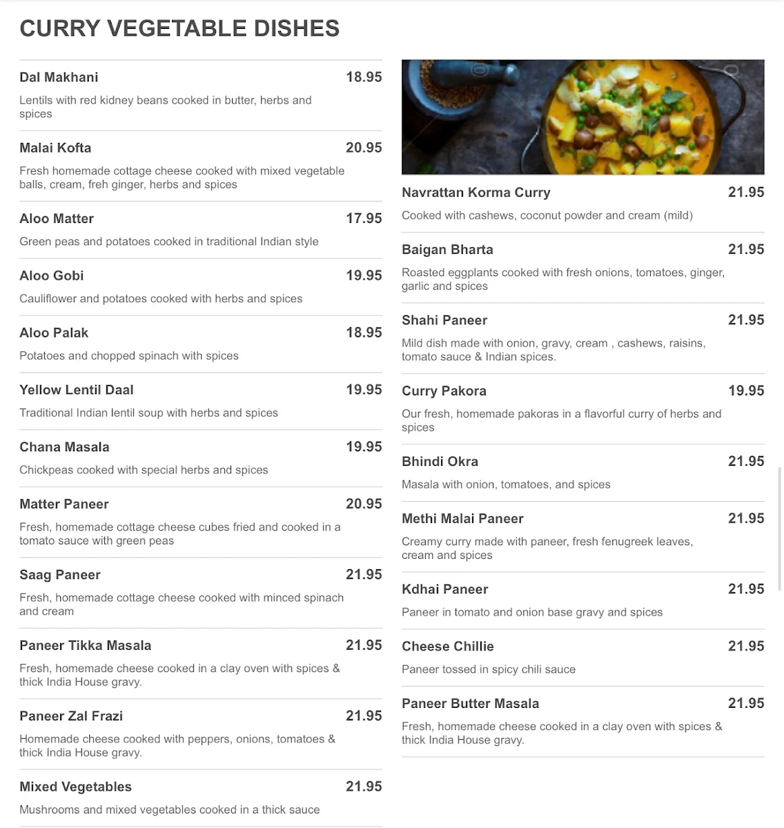 Menu, India House Restaurant