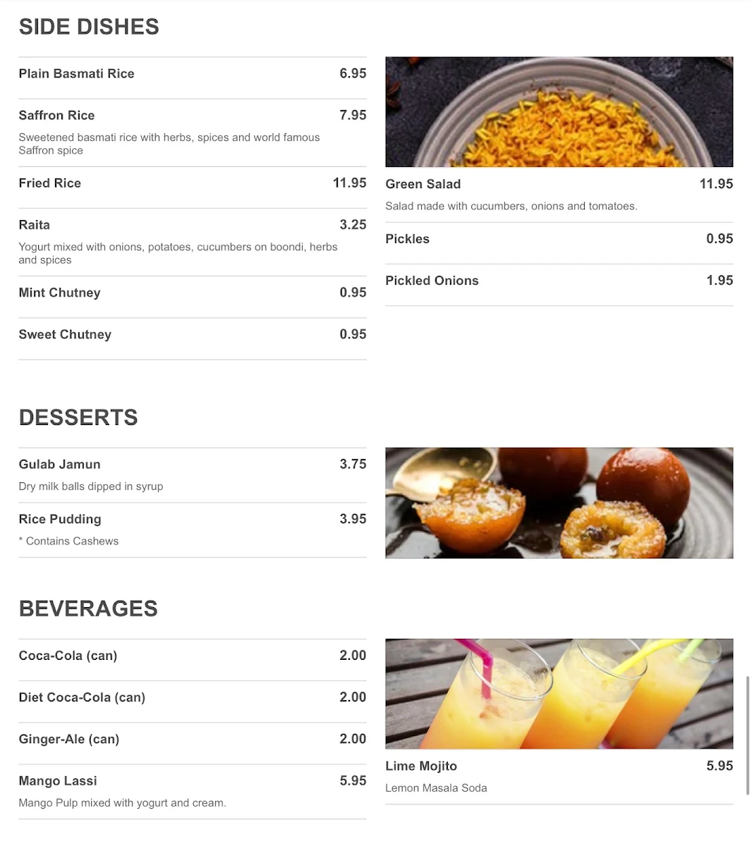 Menu, India House Restaurant
