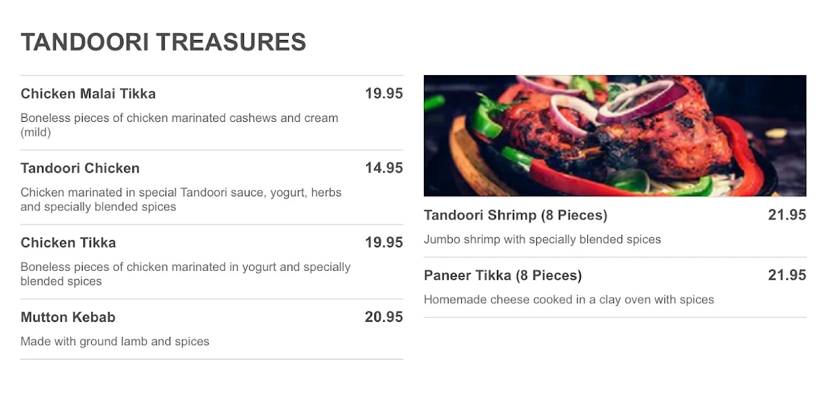Menu, India House Restaurant