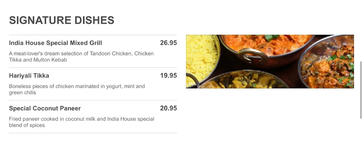 Menu, India House Restaurant