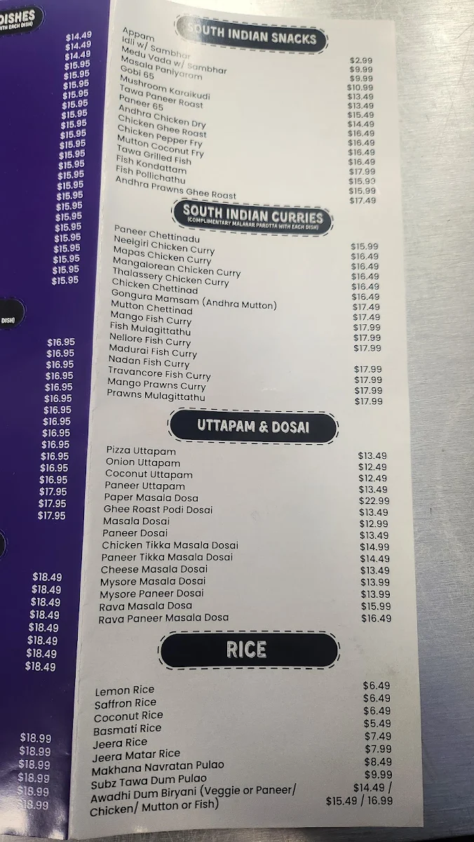 Menu, New Streets Of India