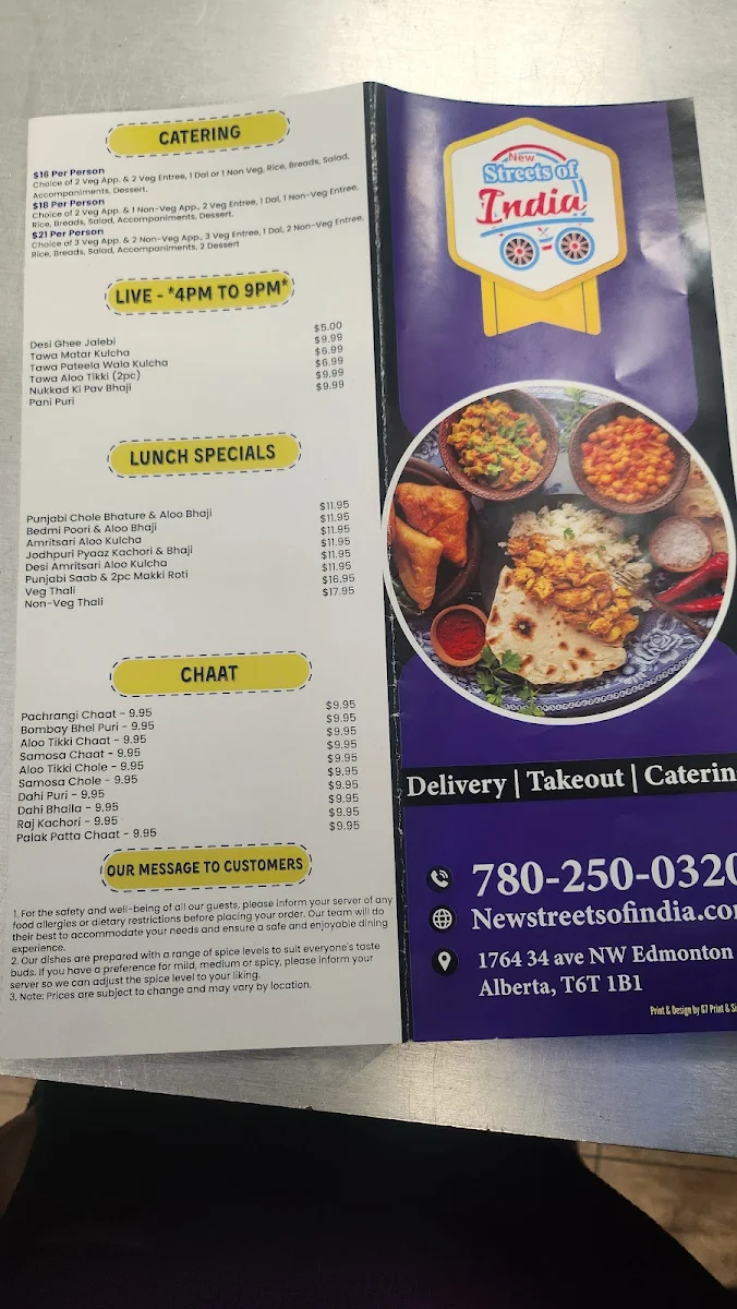 Menu, New Streets Of India