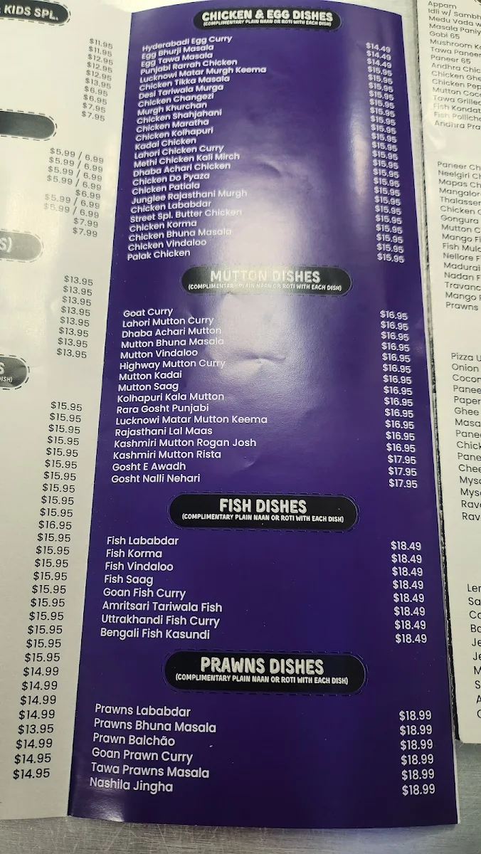 Menu, New Streets Of India