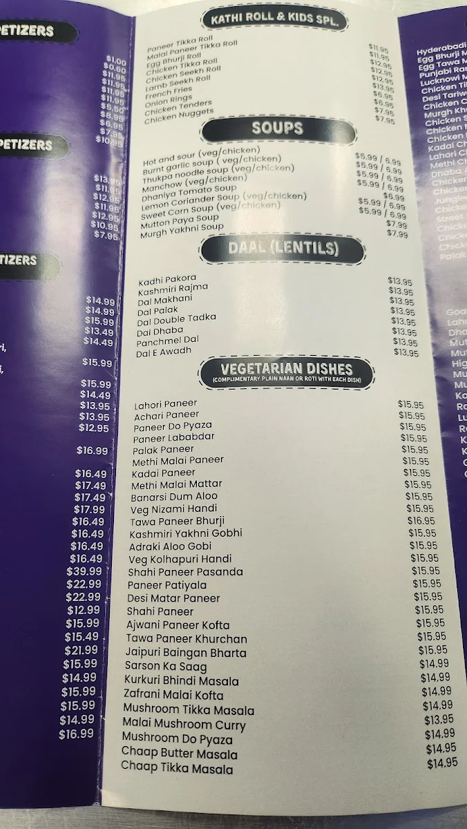 Menu, New Streets Of India