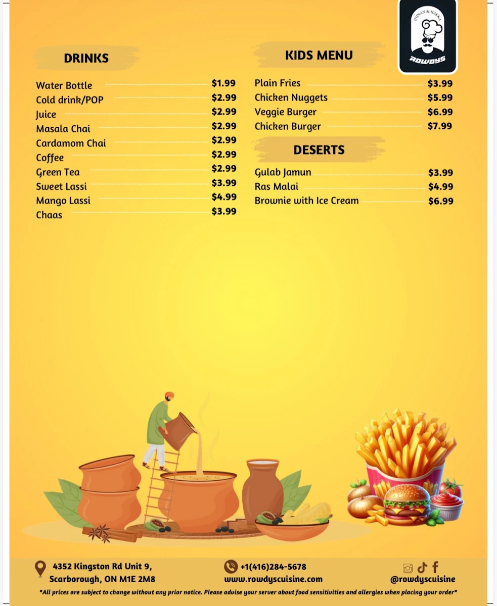 Menu, ROWDYS Indian & Hakka