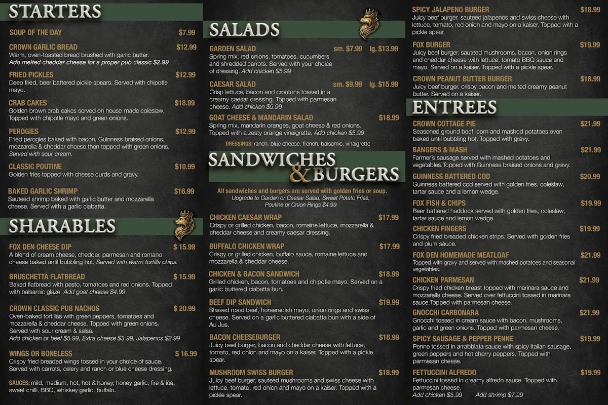 Menu, The Crown and Fox