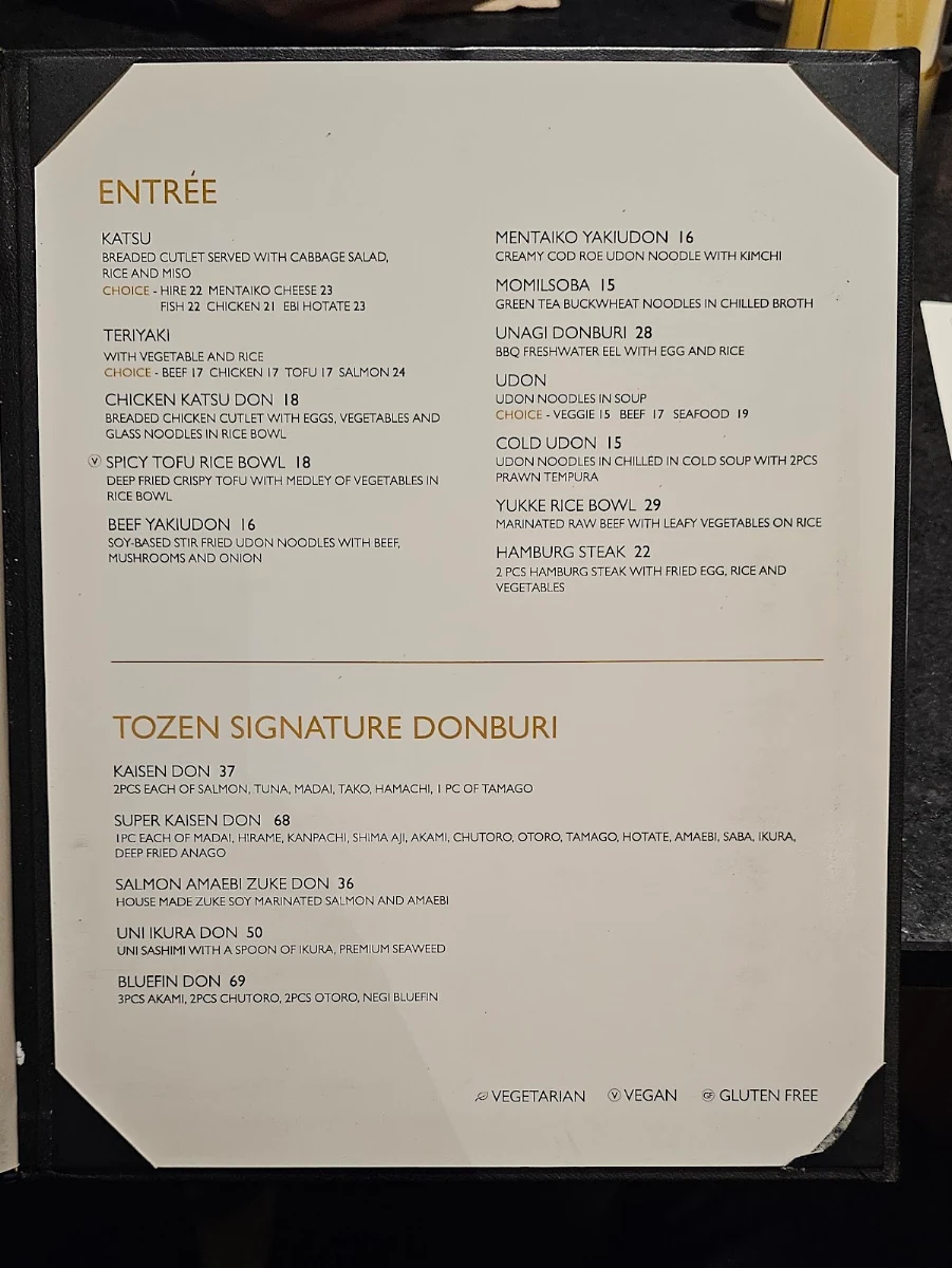 Menu, Tozen Sushi Bar
