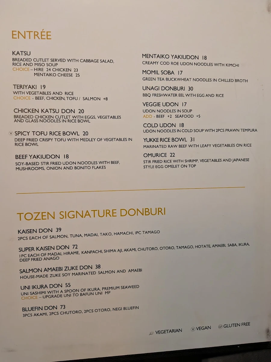 Menu, Tozen Sushi Bar
