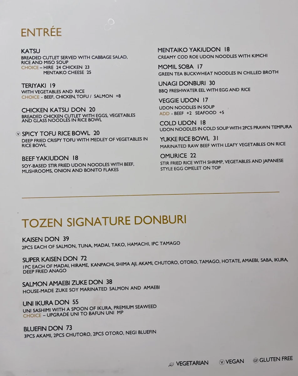 Menu, Tozen Sushi Bar