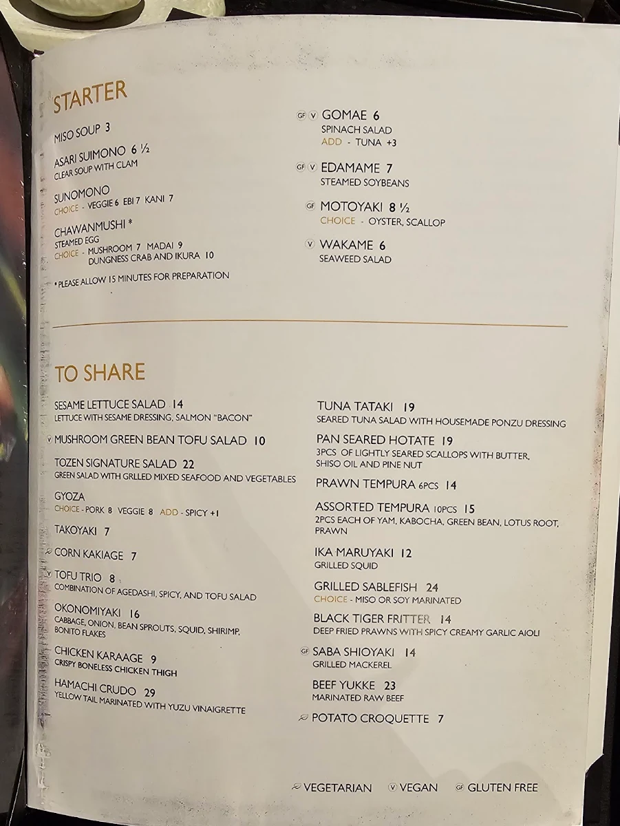Menu, Tozen Sushi Bar