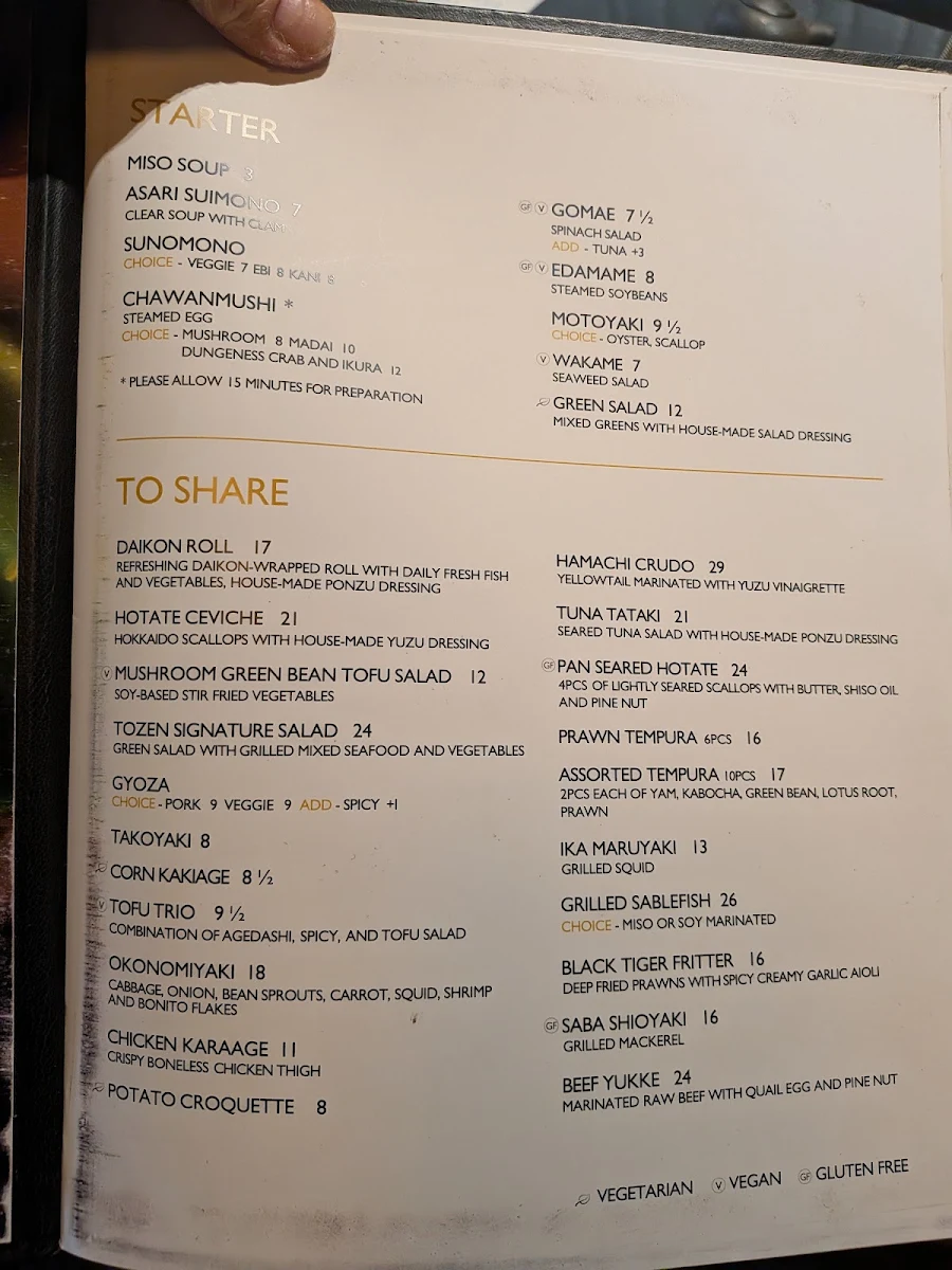 Menu, Tozen Sushi Bar