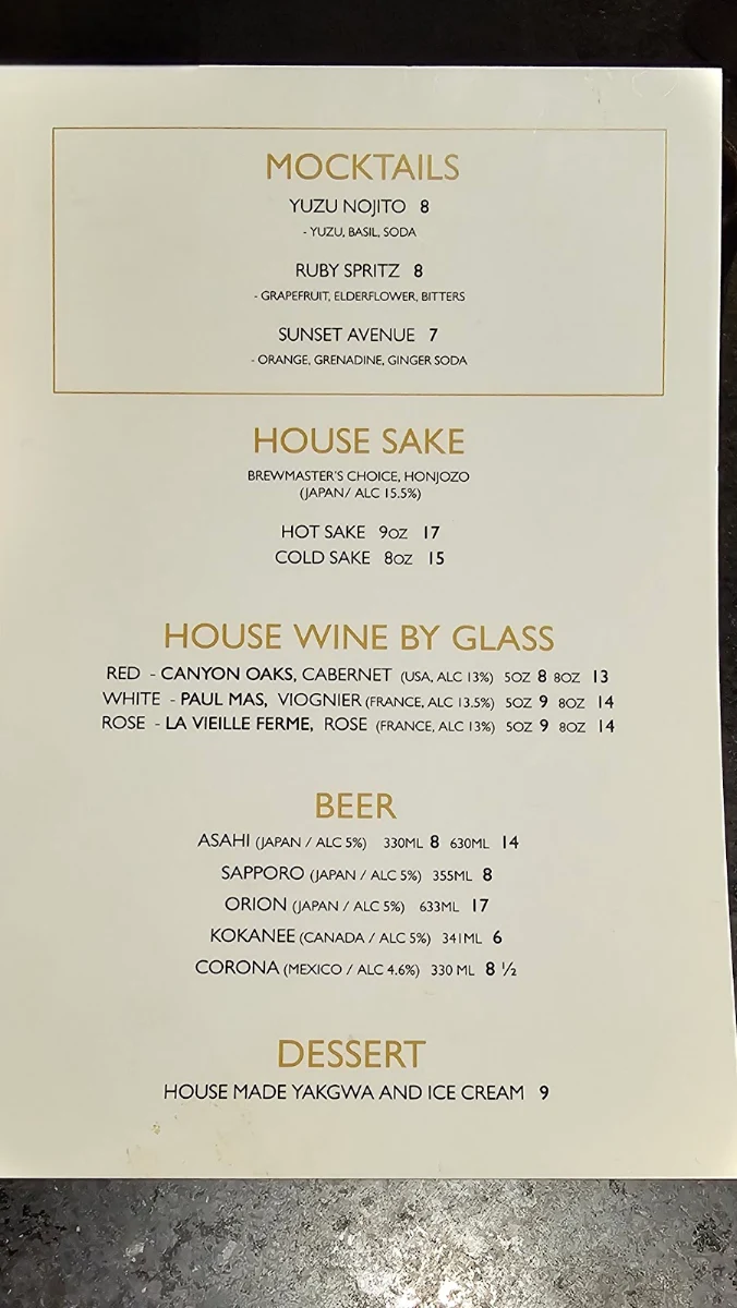 Menu, Tozen Sushi Bar