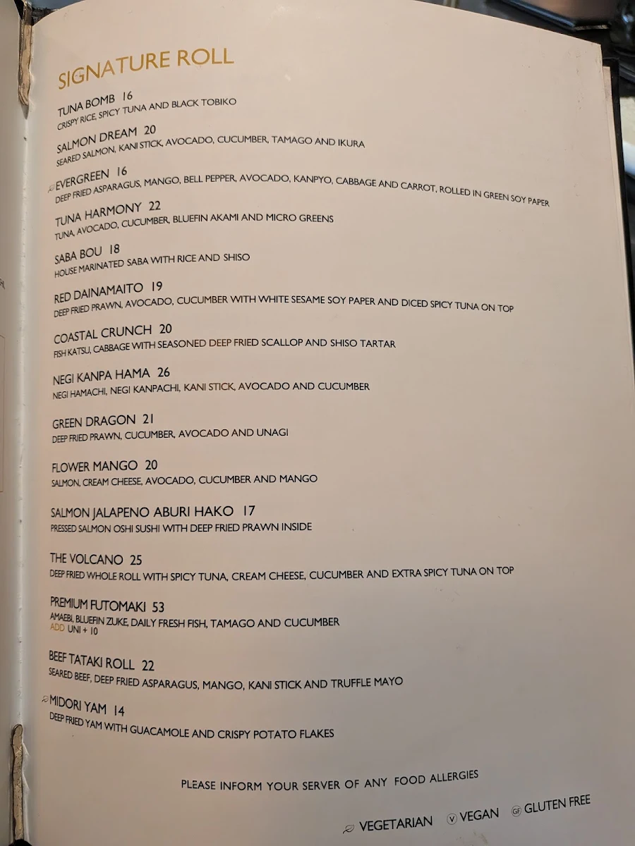 Menu, Tozen Sushi Bar
